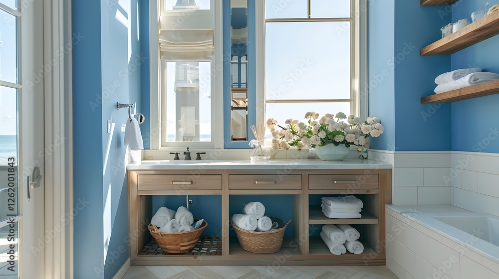 Beach house bathroom, blue walls, large wdow, white and beige tones, wooden vanity with shelves, flower basket on wdowsill, natural sunlight, vitg,