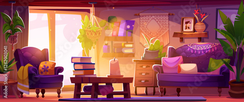Boho living room interior in sun light with purple armchairs and sofa, macrame wall hanging, wooden furniture, potted plants, stacked books, hanging planter, decorative cushions and candle. Cozy home.