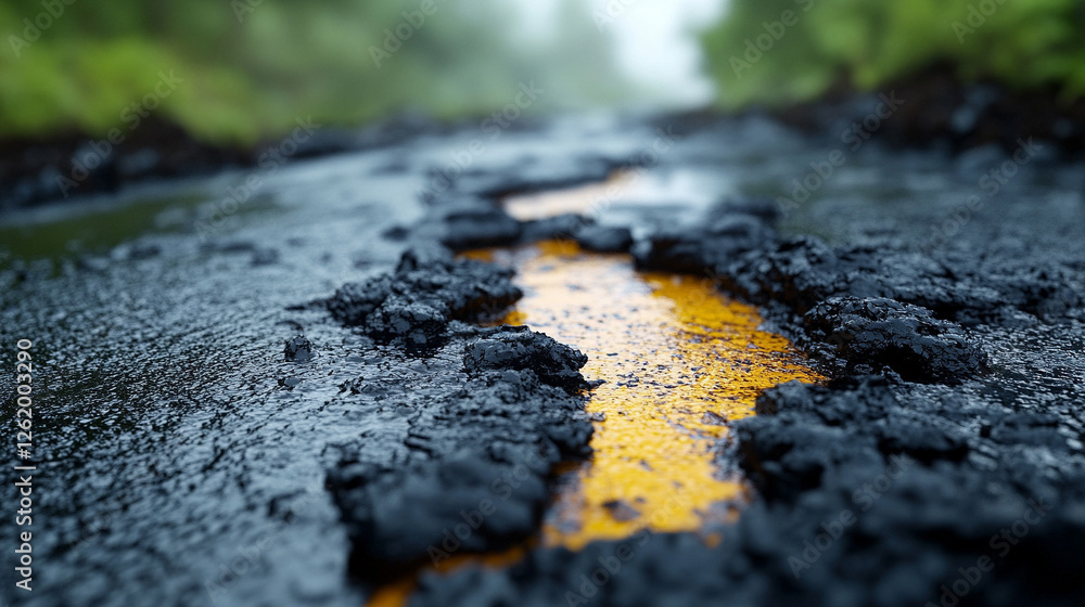 Oil spills on an asphalt road, symbolizing environmental degradation and pollution. The reflective surface adds a chaotic, dangerous vibe to the scene, highlighting the destructive impact of modern in Oil spills on an asphalt road, symbolizing environmental degradation and pollution. The reflective surface adds a chaotic, dangerous vibe to the scene, highlighting the destructive impact of modern in