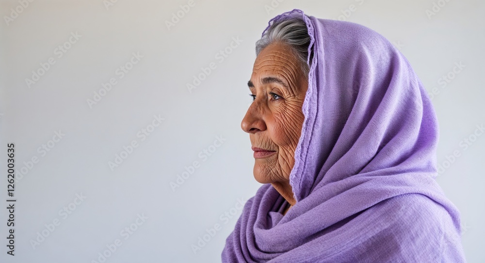 Hispanic elderly woman lavender shawl side view portrait on plain white background Hispanic elderly woman lavender shawl side view portrait on plain white background