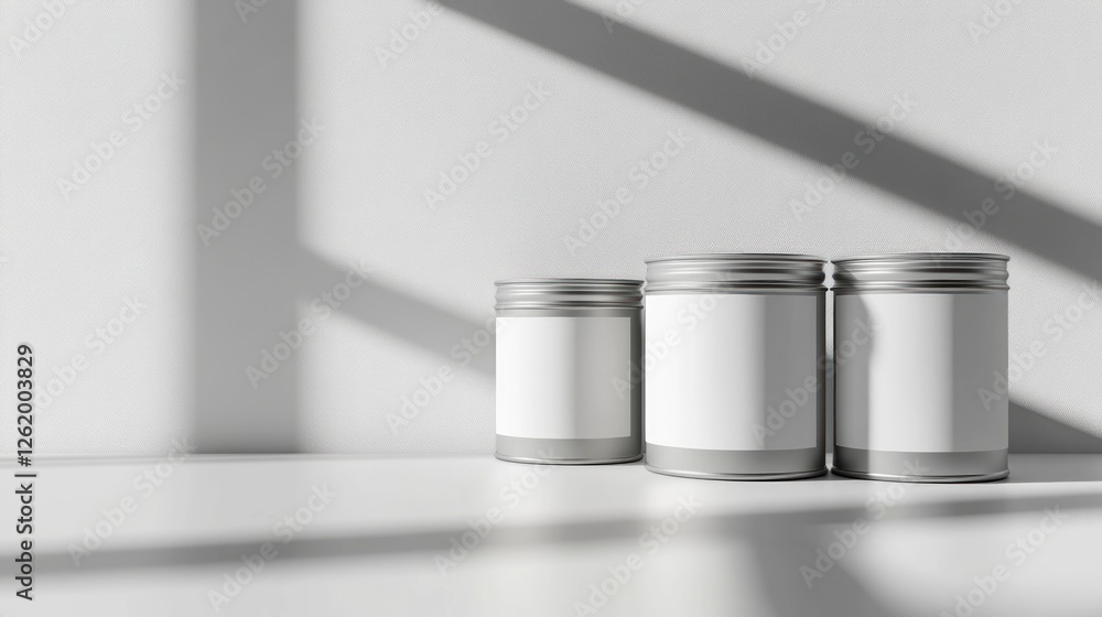 Three metal cans with blank labels in sunlight Three metal cans with blank labels in sunlight