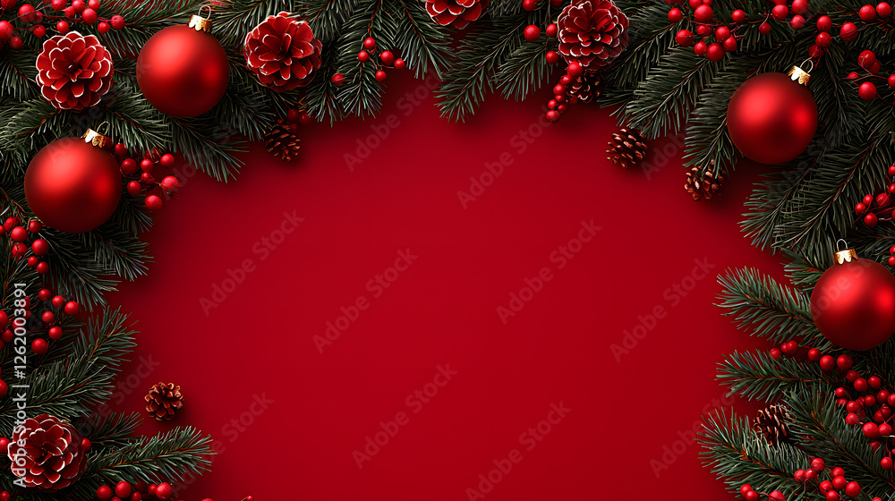 Christmas Festive Frame: A vibrant Christmas border composed of lush evergreen branches, glistening red baubles, and pinecones, arranged artfully on a rich red background. Christmas Festive Frame: A vibrant Christmas border composed of lush evergreen branches, glistening red baubles, and pinecones, arranged artfully on a rich red background.