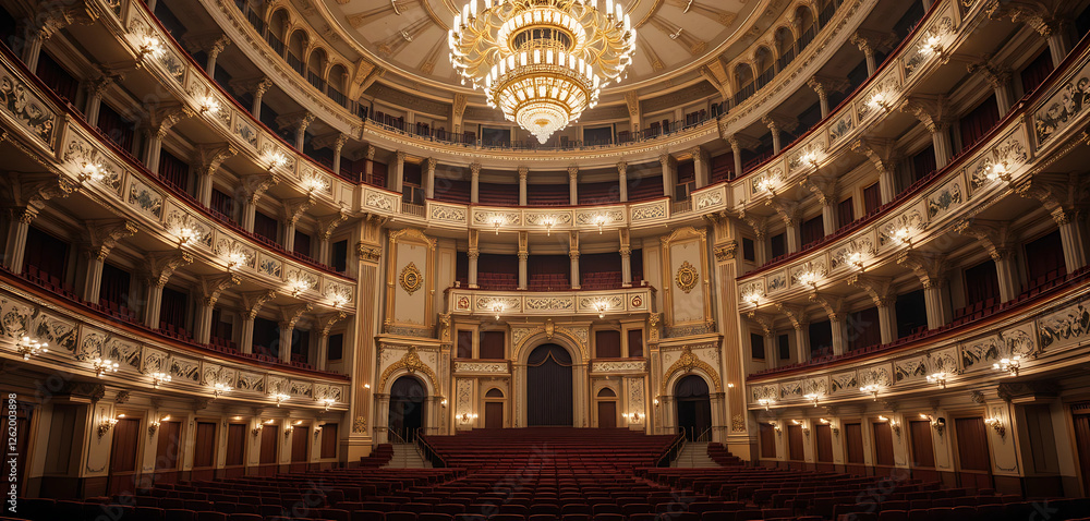 Obraz premium The grand interior of a historic opera house, with opulent balconies, velvet seats, and a magnificent chandelier.