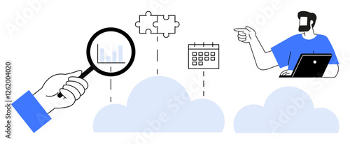 Magnifying glass inspects graphs over clouds connected to puzzle piece and calendar icon while man with laptop points. Ideal for data analysis, collaboration, project management, cloud computing