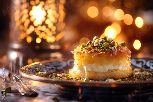 A rich and indulgent Middle Eastern kunafa dessert, golden and crispy on the outside, filled with creamy ashta cheese, and drizzled with rosewater syrup. Served on a decorative ceramic plate with pist photo