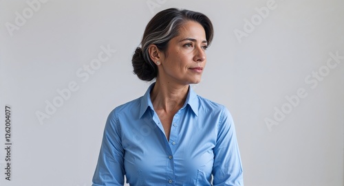 Hispanic woman blue buttonup shirt middle age side view portrait on plain white background