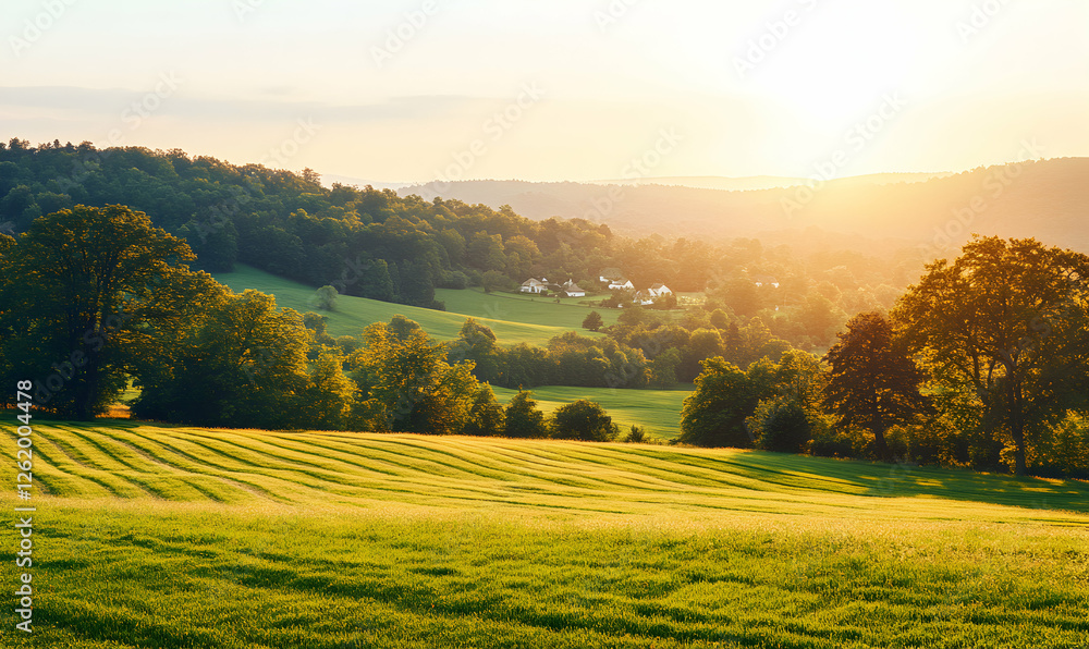 Fototapeta premium Serene sunset over rolling green hills, farmland, and distant village. Golden hour light bathes the landscape.