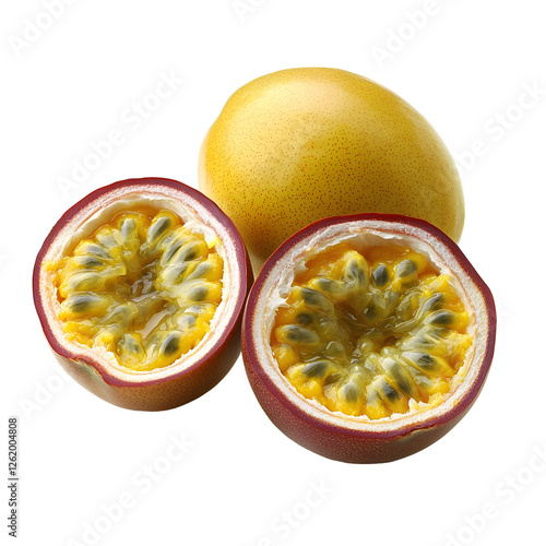Whole and Halved Yellow Passion Fruit Showcasing Its Vibrant Golden Pulp and Seeds