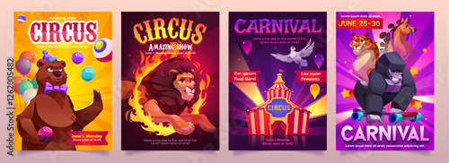 Cartoon circus posters set with performing animal characters - juggling bear, fiery lion jump, carnival tent, tiger with skateboarding gorilla and horse. Entertainment show promotional banners.