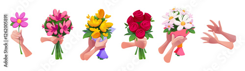 Hand hold bouquet set - various floral arrangements with roses, daisies and spring blossoms. Cartoon illustrations of palms grasping flower bunches. Gift presentation with green stems and blooms.