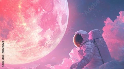 Astronaut observing the moon outer space digital art cosmic environment inspirational viewpoint