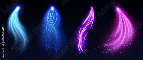 Magic glowing light arrows set with sparkling particles - neon luminous curved lines in blue, purple, pink colors on dark background. Bright mystical beam effects for fantasy game interface design.