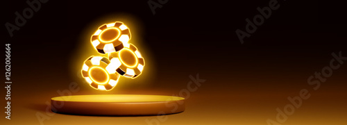 3D golden podium with floating neon casino chips on dark backdrop. Illuminated gambling tokens hovering above glowing circular platform. Realistic luxury gaming display scene for poker promotion.