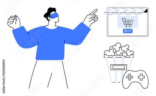 Person using VR headset gestures towards shopping cart icon, indicating online shopping. Popcorn bucket and game controller symbolize entertainment. Ideal for virtual reality, e-commerce, digital