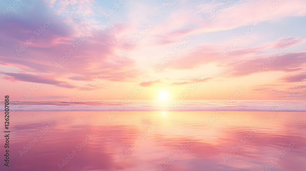 Fototapeta premium Serene pink sunset over calm ocean waves, reflecting the beautiful sky. Peaceful beach scene at dawn or dusk.