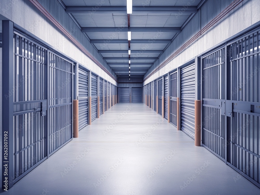 Fototapeta premium A long, narrow prison hallway with barred doors and storage units on either side. The atmosphere is quiet and empty, suggesting confinement.