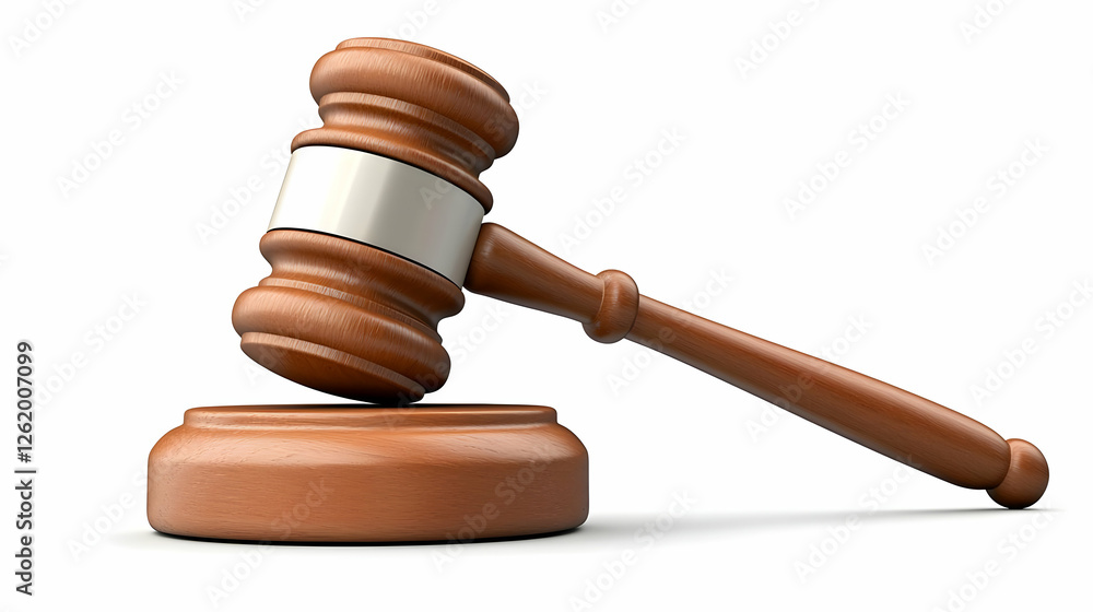 Wooden gavel on sound block, justice concept, white background, legal symbol