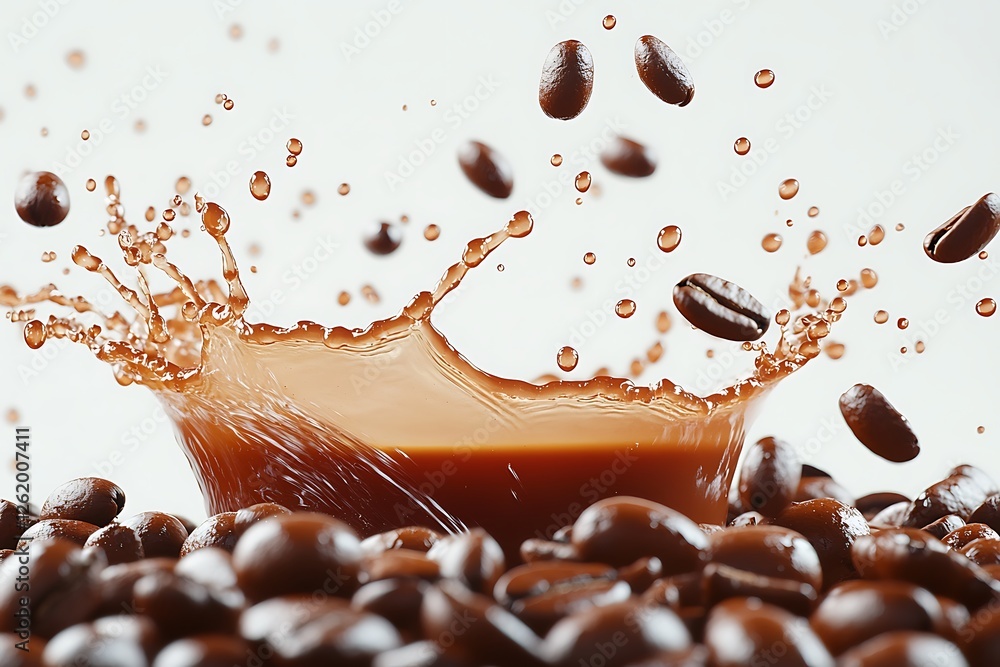 Fototapeta premium A stunning shot of coffee beans splashing into hot coffee, liquid droplets suspended in mid-air, captured in ultra-clear HD against a pure white background.