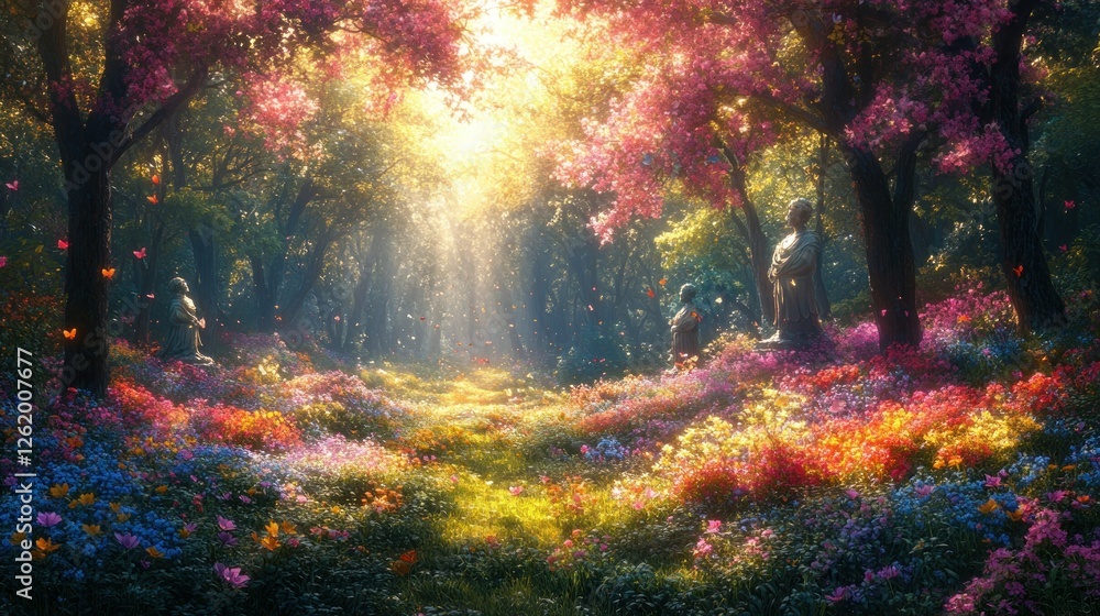 Sunlit magical forest path, blooming flowers, statues, spring