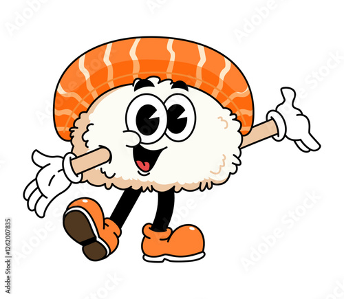 Retro sushi mascot logo, sake sushi, salmon sushi welcome pose