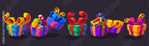 Game gift box set with colorful bows, sweets, fruits and prizes - bright wrapped decorated presents. Closed and open containers filled with candy, berries and rewards for mobile gaming design assets. photo