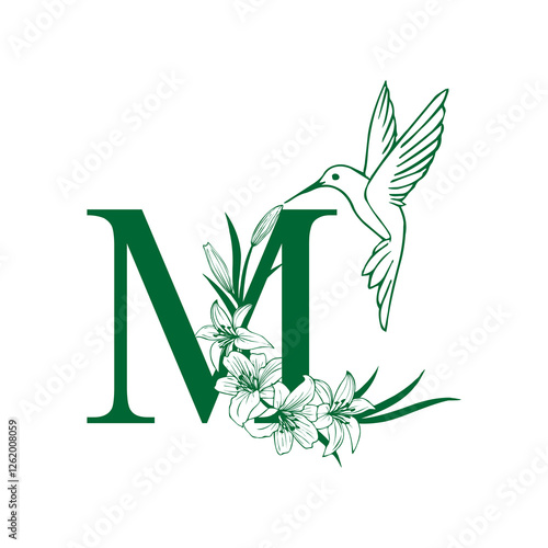 hummingbird and flower logo in harmony with letter m photo