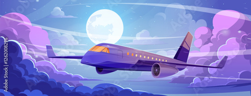 Airplane flying through night sky with full moon - passenger aircraft soaring above purple clouds in moonlight. Commercial plane gliding among illuminated cumulus formations during celestial journey.
