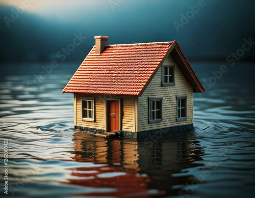 Generated Image by Firefly. It's a flooded house waiting in the middle of the water. The concept of home insurance and flood insurance.