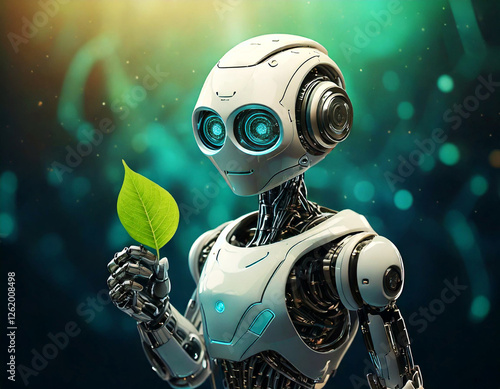 Generated Image by Firefly.  Robot arm with green leaves, Ecology technology concept .