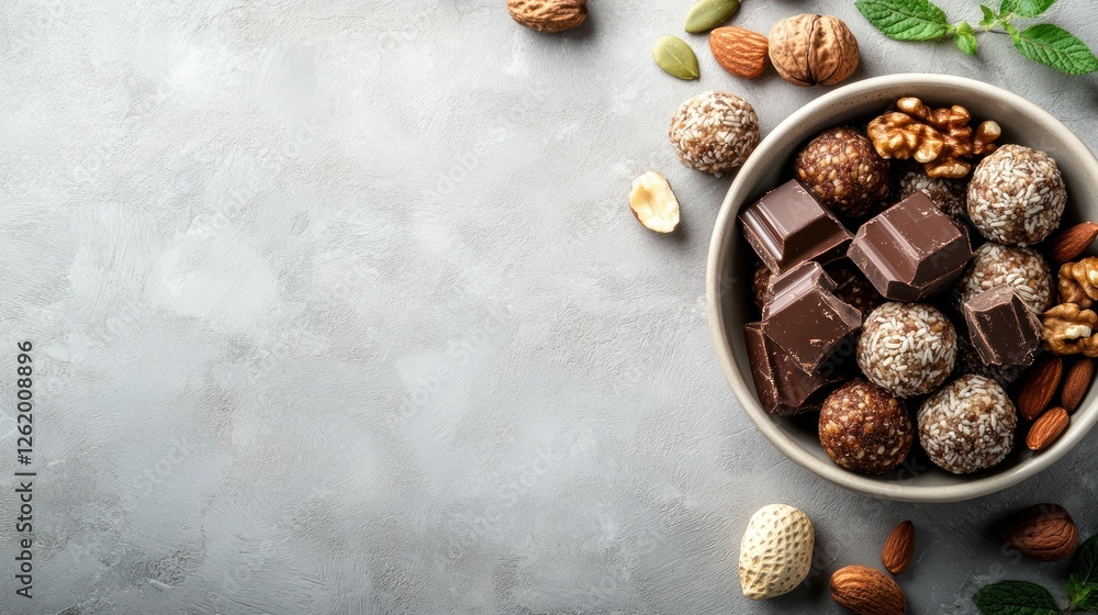 Top view of various natural energy balls with nuts, seeds, and chocolate in a bowl on a grey background Top view of various natural energy balls with nuts, seeds, and chocolate in a bowl on a grey background