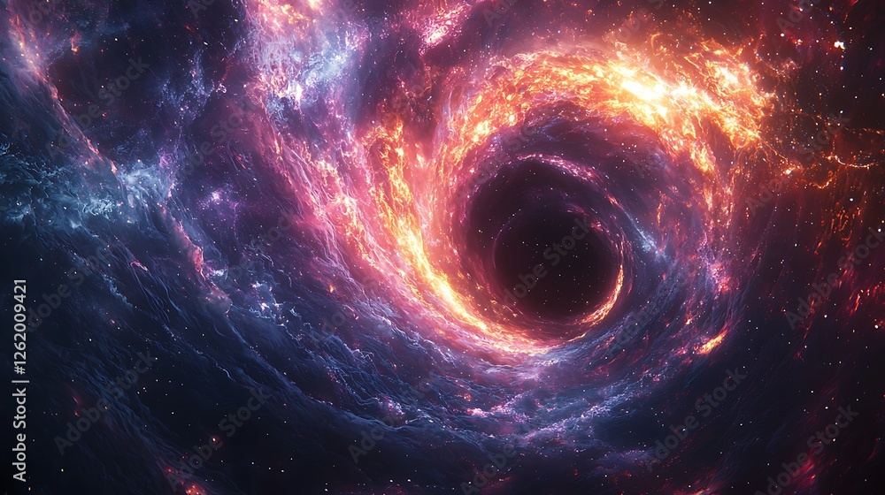Cosmic Vortex: A mesmerizing abstract depiction of a black hole, a cosmic vortex of energy, captured in a vibrant swirl of red, orange, blue, and purple hues against a dark starry background. Cosmic Vortex: A mesmerizing abstract depiction of a black hole, a cosmic vortex of energy, captured in a vibrant swirl of red, orange, blue, and purple hues against a dark starry background.
