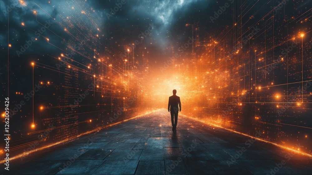 Man walking futuristic city digital path, stormy sky Man walking futuristic city digital path, stormy sky