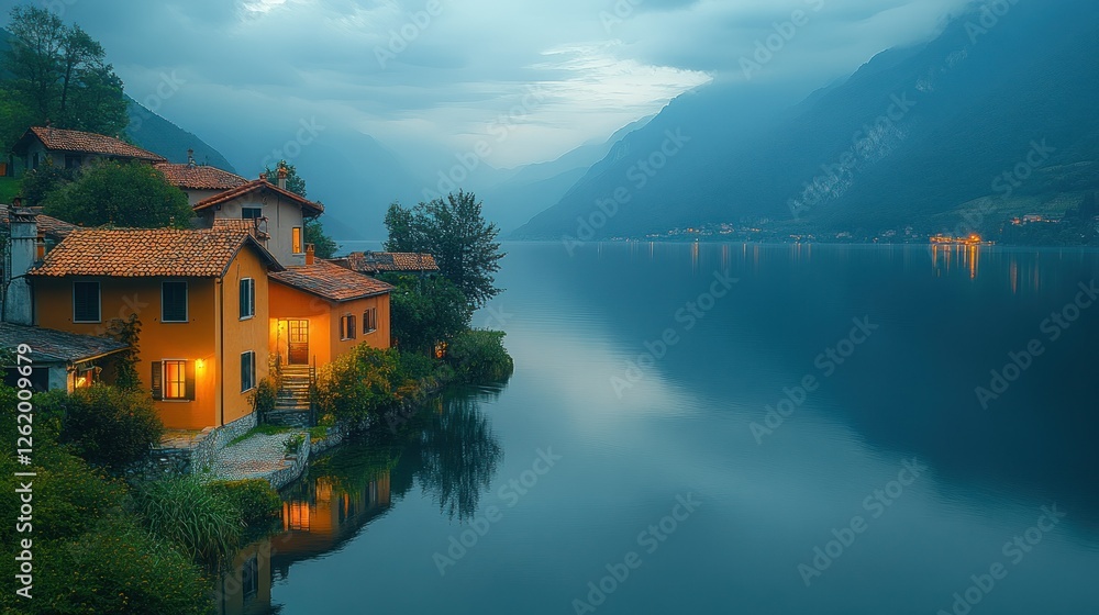 Fototapeta premium Twilight Lakeside Village, Italian Alps, Calm Waters, Night