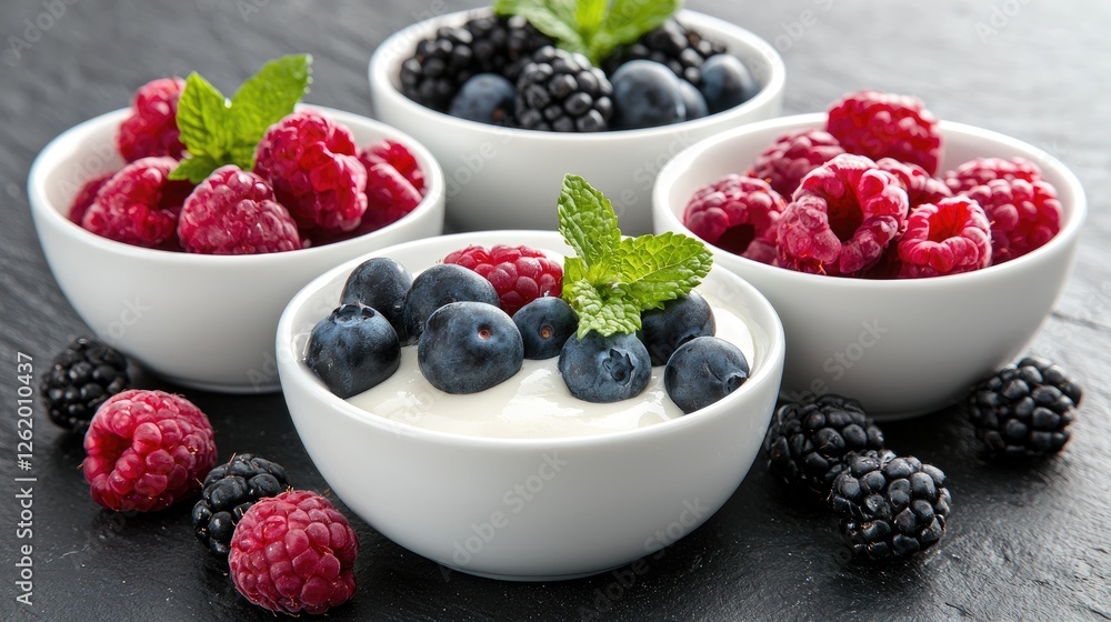 Fresh Berries and Yogurt Parfait on Dark Stone Fresh Berries and Yogurt Parfait on Dark Stone