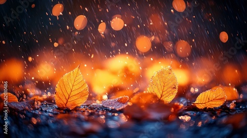 Autumn leaves, rain, bokeh lights, ground, night