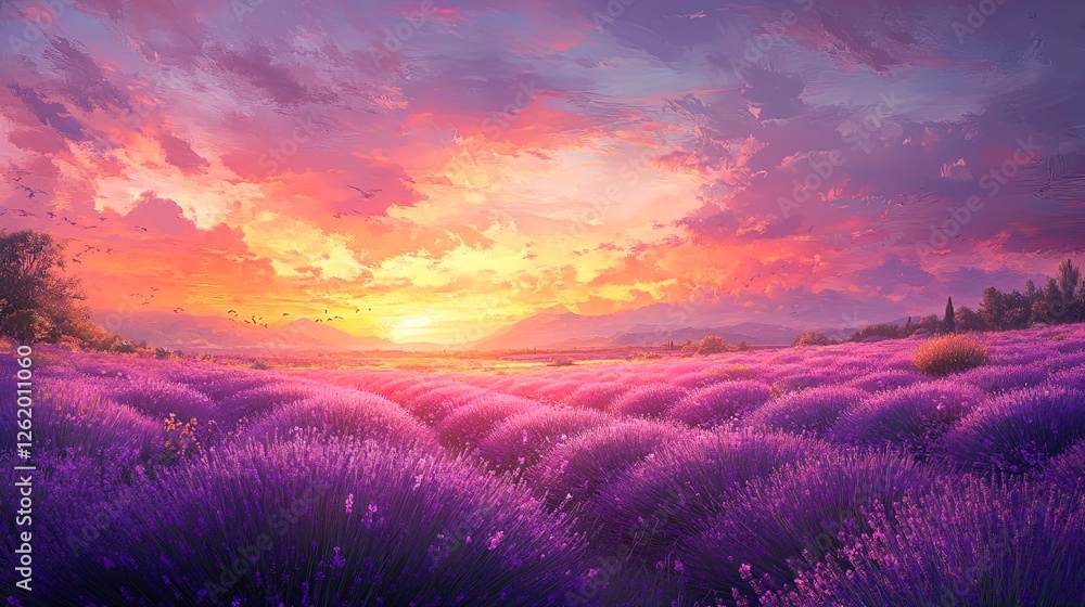 Fototapeta premium cglowing under a colorful sunset sky, tranquil and aromatic