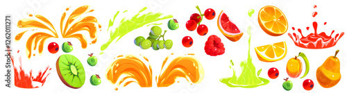 Bright juice splashes with fresh fruits - vibrant orange liquid bursts, lime green splats, red berries, citrus slices, kiwi, pear and apricot. Dynamic beverage drops set for summer cocktail design.