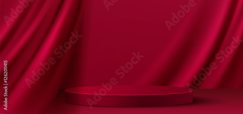 Red 3d podium display with elegant draped curtain background. Round exhibition platform among luxurious textile folds. Minimalist presentation stage for romantic or premium product showcase.