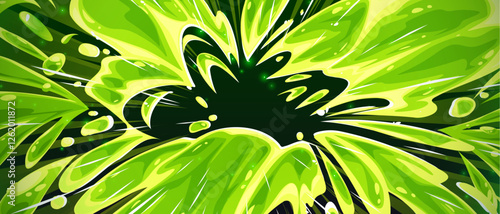 Green explosive water splash with dynamic anime effect. Comic book motion pattern of bursting liquid drops radiating from central dark core. Vibrant neon fluid movement for action scene background.