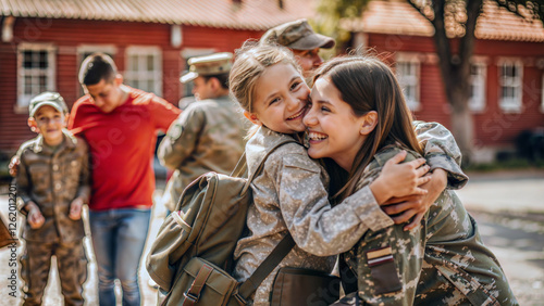 Military mom surprising kids school pickup emotional embrace Schoolyard setting playground background