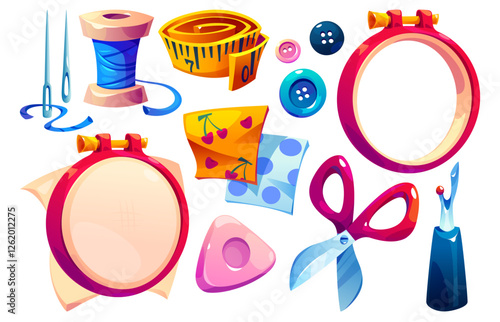 Cartoon sewing set with hoops, scissors, measuring tape and thread spool. Handcraft equipment including buttons and needles, fabric pieces with cherry pattern. Colorful embroidery tools collection.