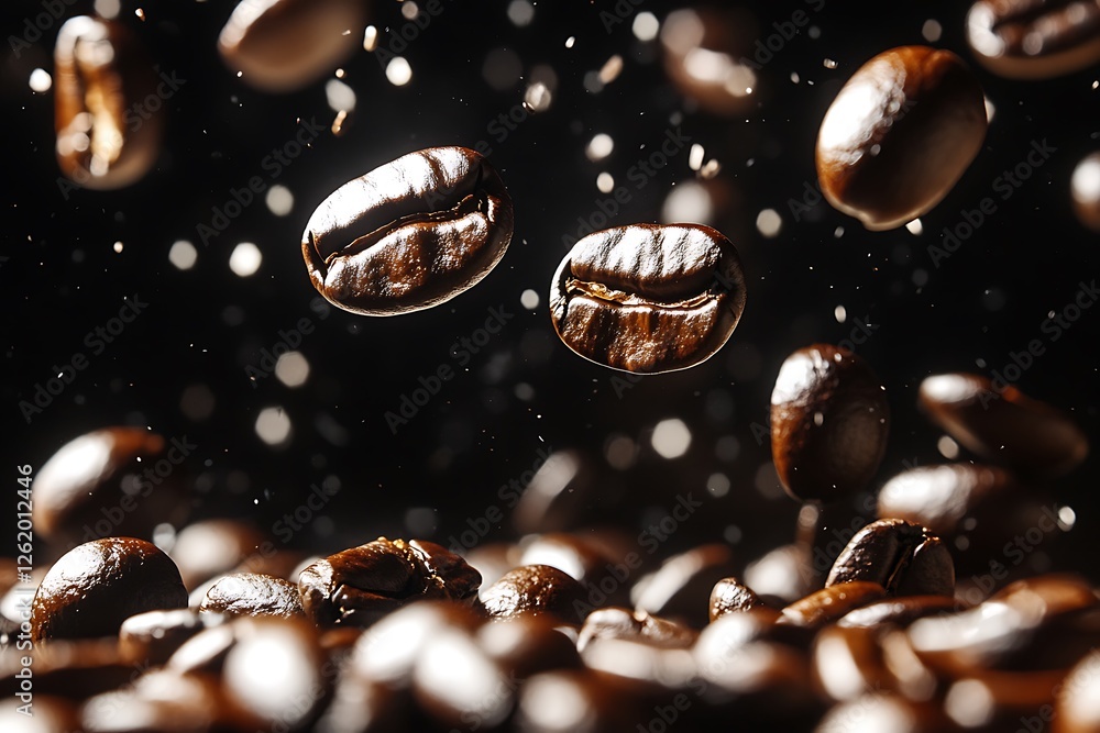 A vivid shot of freshly roasted coffee beans plummeting into a dark, aromatic coffee, captured in perfect HD clarity with a bright white backdrop. A vivid shot of freshly roasted coffee beans plummeting into a dark, aromatic coffee, captured in perfect HD clarity with a bright white backdrop.