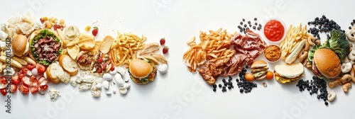 Junk Food Buffet Burgers, Fries, & Snacks Scattered on White Background photo