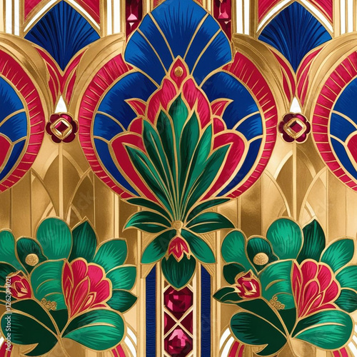 beautiful vibrant A 1920s-style floral pattern with Art Deco influences