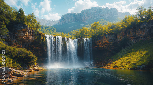 A magnificent flowing waterfall. There is a serene lake below the cascading waterfall. There are lush trees and grasses around, and magnificent mountain ranges spread out in the distance.