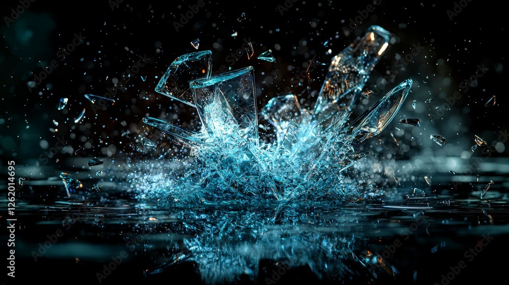 Obraz premium Shattered glass fragments reflecting soft rhythmic pulses industrial setting high-resolution image dark background