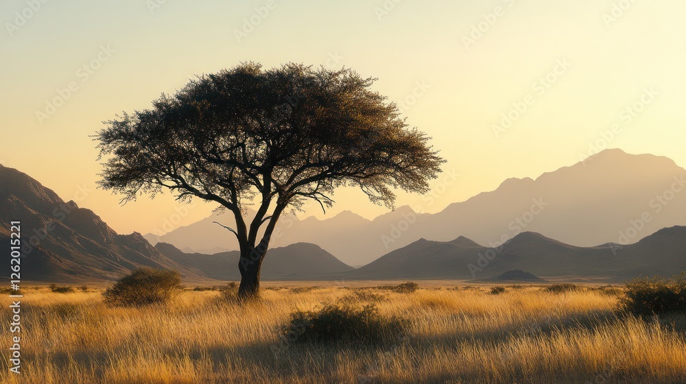 Lone tree sunrise African savanna mountains landscape Lone tree sunrise African savanna mountains landscape