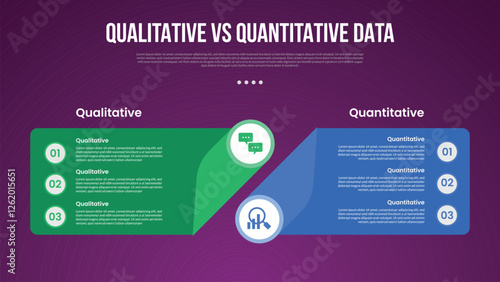qualitative vs quantitative data infographic outline style with 2 point comparison template with creative box with circle edge for slide presentation