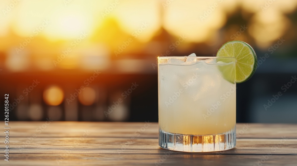 Refreshing margarita cocktail resting on wooden table at sunset Refreshing margarita cocktail resting on wooden table at sunset