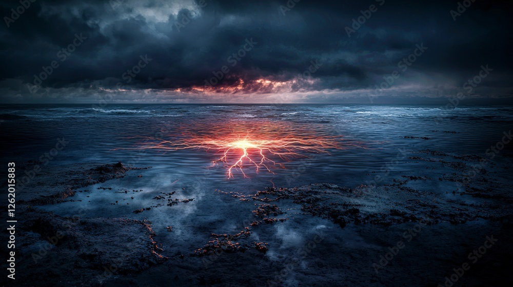 Fototapeta premium Electric ripples emerge from vast barren ocean surreal lightning show coastal landscape atmospheric viewpoint